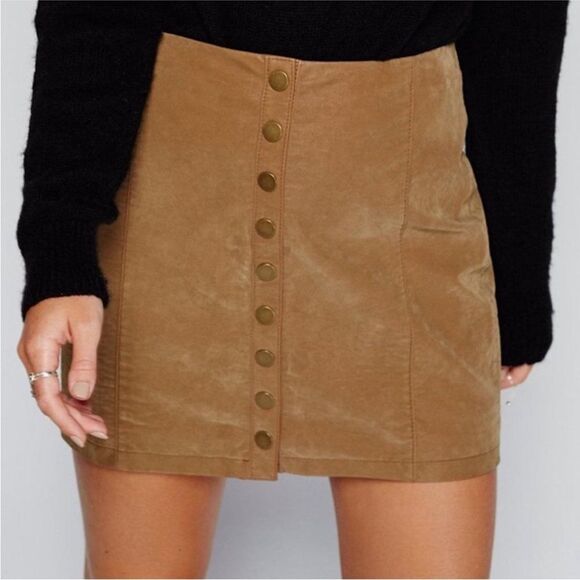 2/$20 Revolve Free People Oh Snap Faux Leather Brown Button Front Mini Skirt - Picture 1 of 12